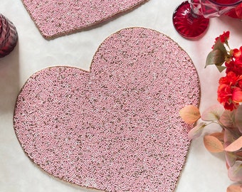 Set of 2/6, Valentine's Day special beaded placemat, pink heart