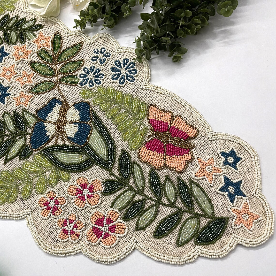 Handmade Table Runner, Floral Butterfly Beaded Runner on Burlap ...