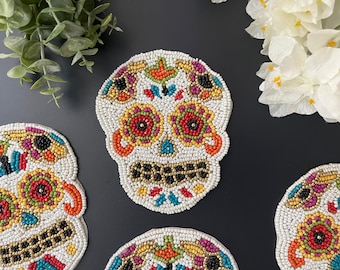 Set of 6 Halloween Skull, Bead Coasters, sugar skull, Dia de los Muertos