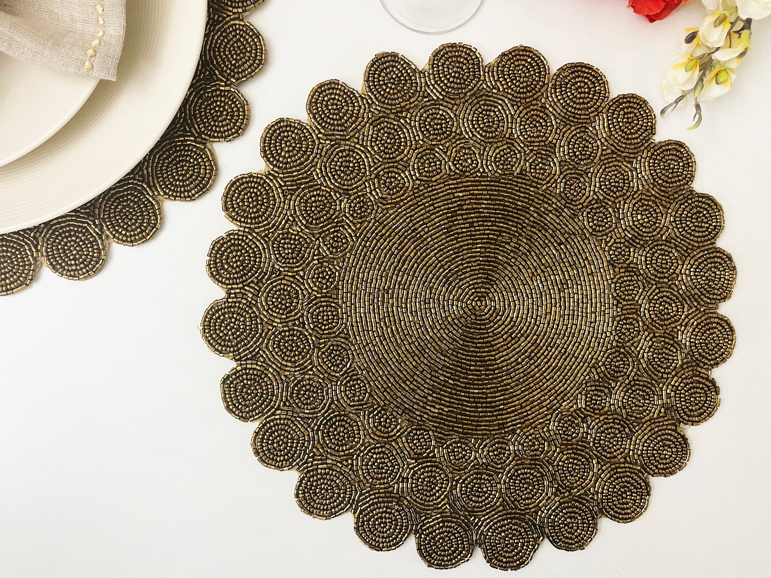 Handmade bead placemat charger plate dining table mat gold Etsy