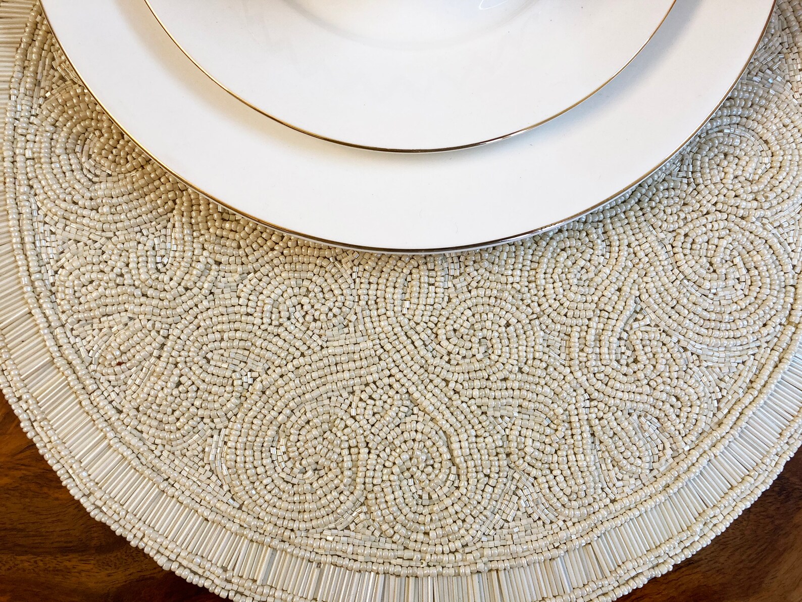 Handmade Beaded Placemat Beaded Tablemat 14 Inch White Bead Etsy