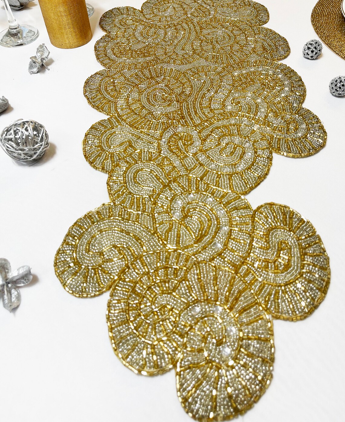 Handmade Table Runner Beaded Table Runner Gold White Runner Etsy