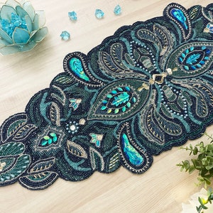 Handmade table runner, luxury beaded runner, blue centerpiece multicolor, 13x36inch