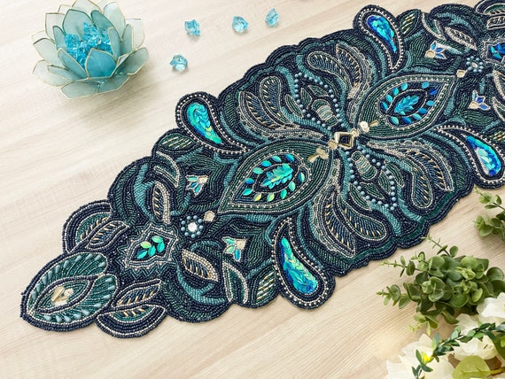 Handmade table runner, luxury beaded runner, blue centerpiece multicolor, 13x36inch
