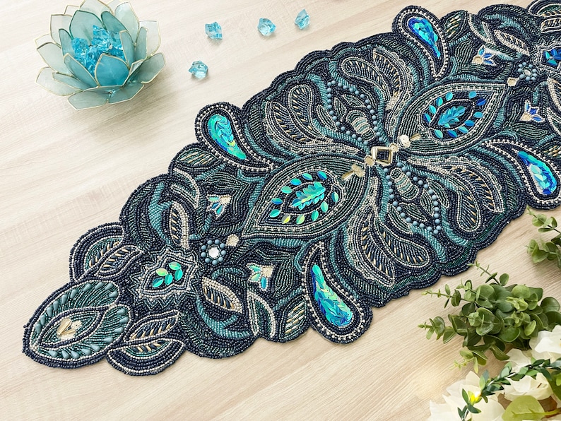 Handmade table runner, luxury beaded runner, blue centerpiece multicolor, 13x36inch