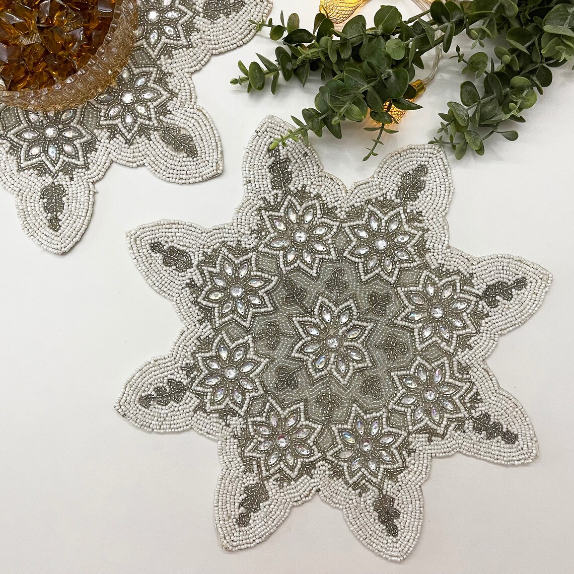 Christmas Snowflakes Placemat Handmade Beaded 13.5inch Etsy