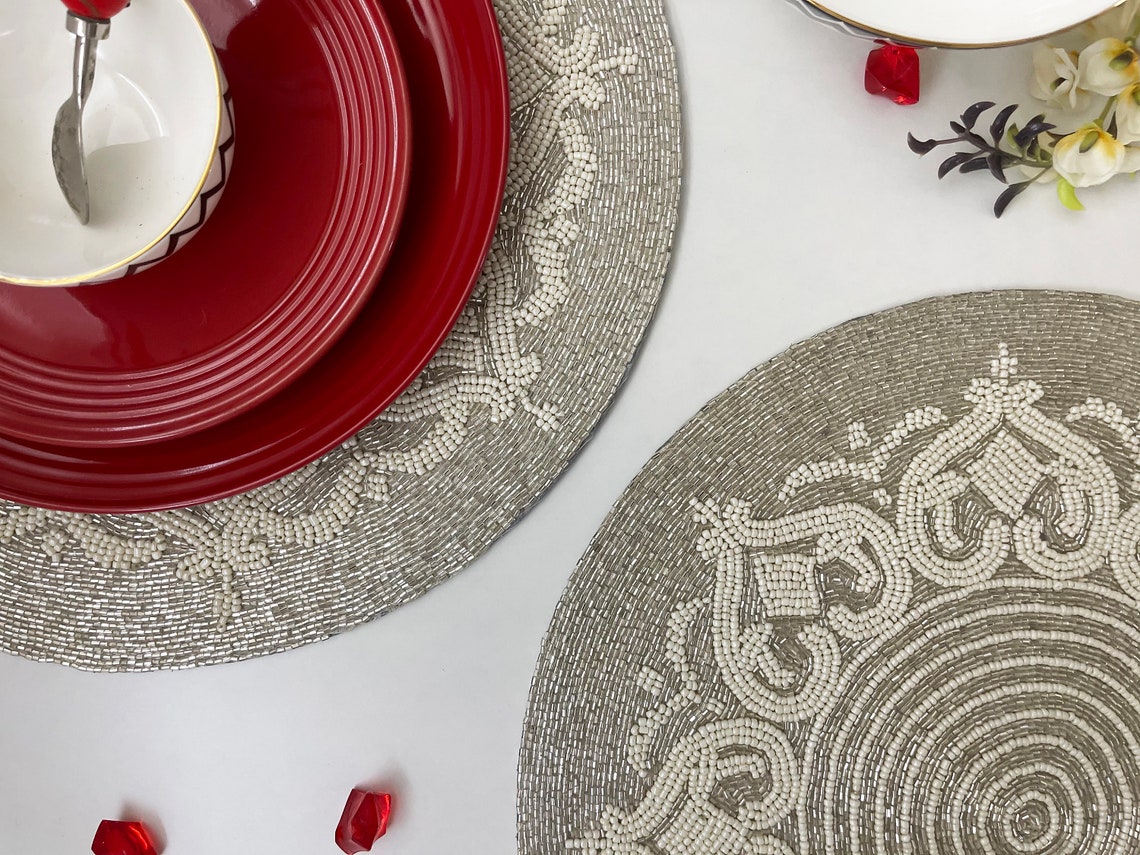 Luxury Beaded Placemat Tablemat 14 Inch White Gold Charger Etsy