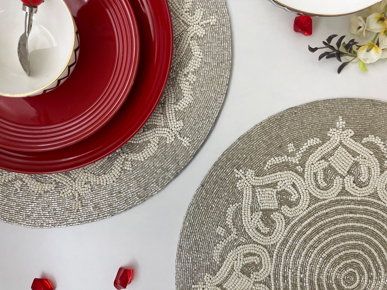Luxury Beaded Placemat, Tablemat, 14 Inch, White Gold Charger, Spring ...