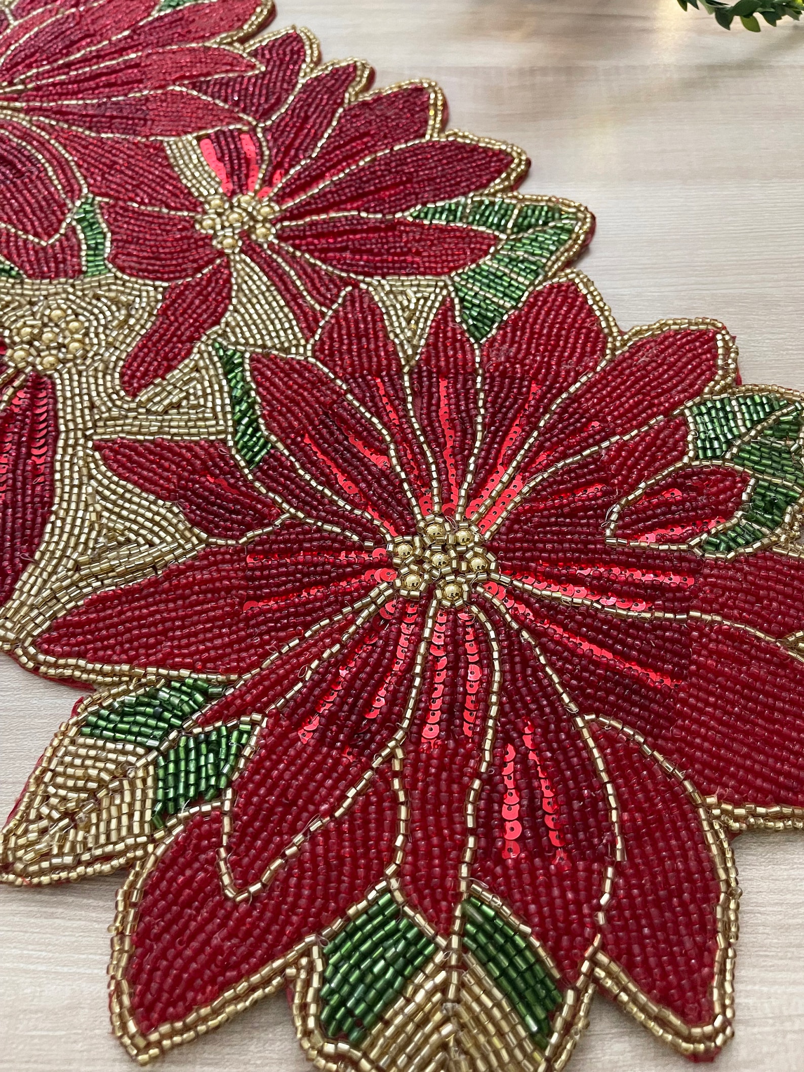 Christmas Handmade Table Runner Floral Beaded Table Runner Etsy