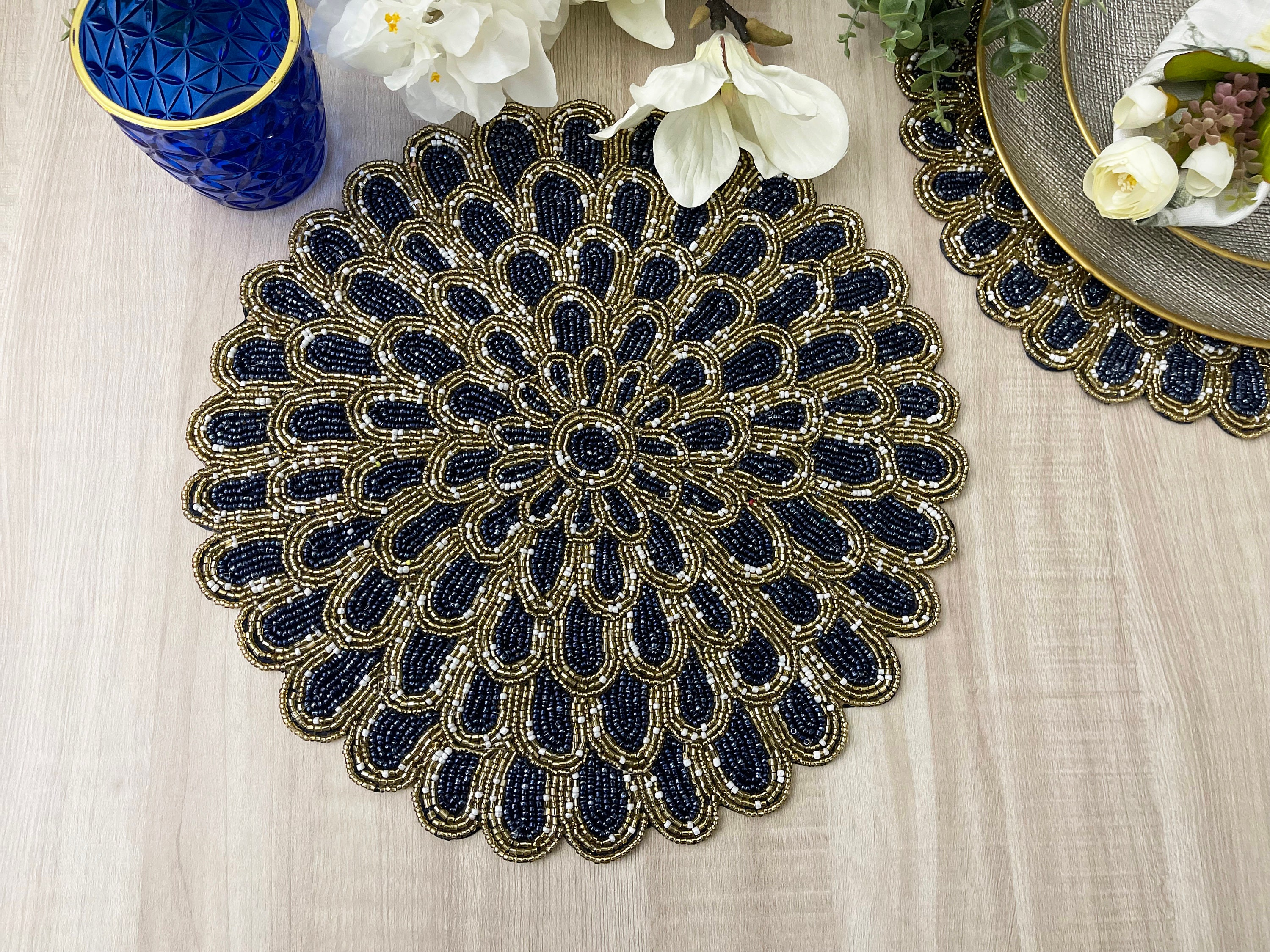 Set of 6, Handmade placemat, beaded table placemat, Navy blue gold, 14 inch