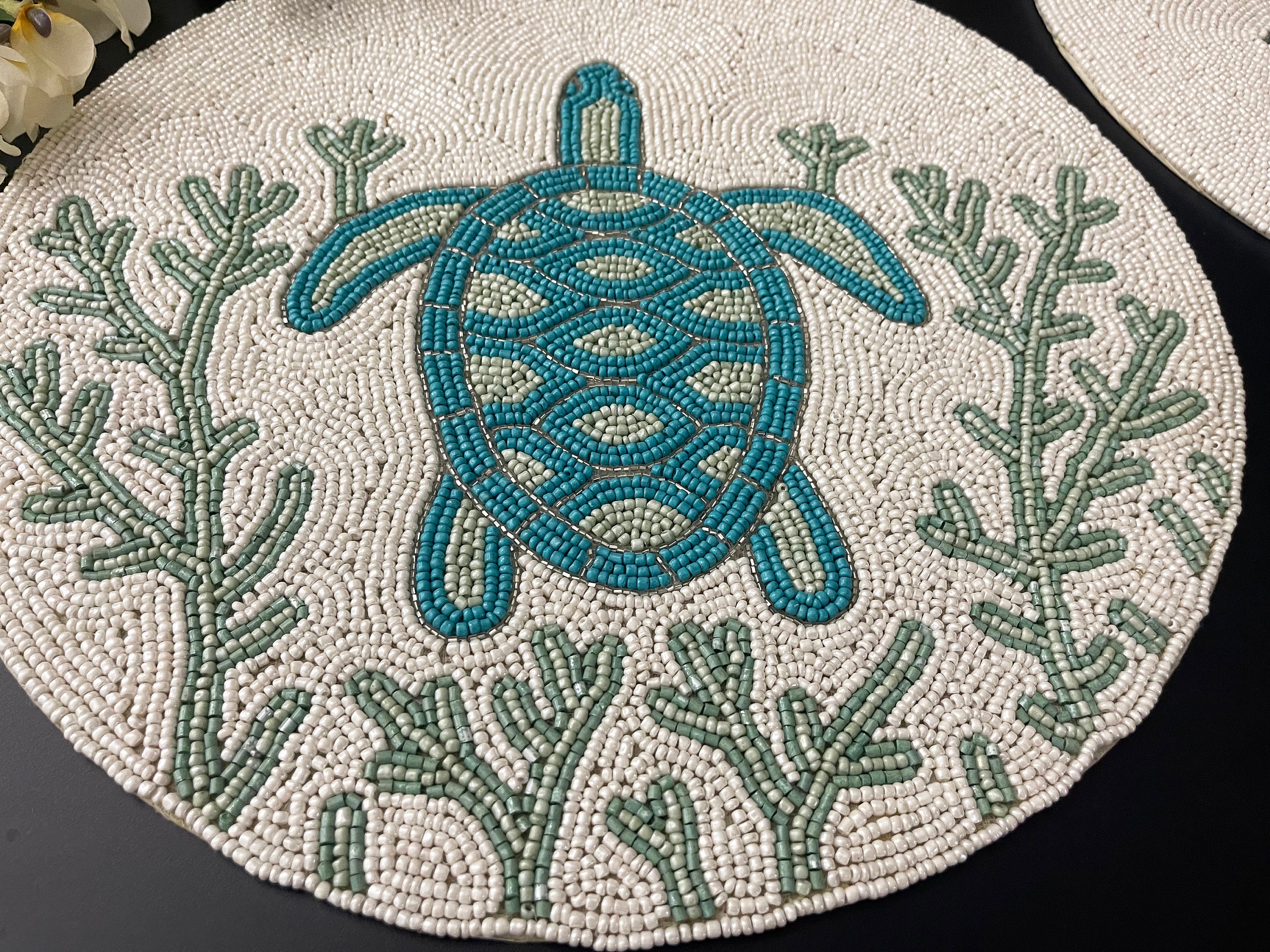 Handmade Beaded Placemat Turtles Design Tablemat 14 Inch Etsy