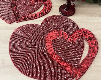 ALL SIZES Maroon Red Beaded Heart Table Runner - Elegant Handmade ...