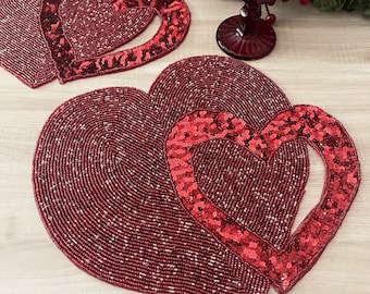 Valentine's Day beaded placemat and table runner, hearts