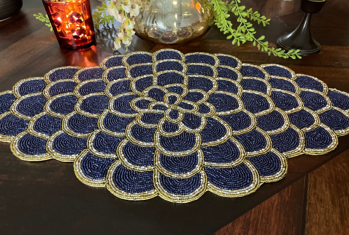 Handmade XL placemat beaded table runner oval Navy blue Etsy