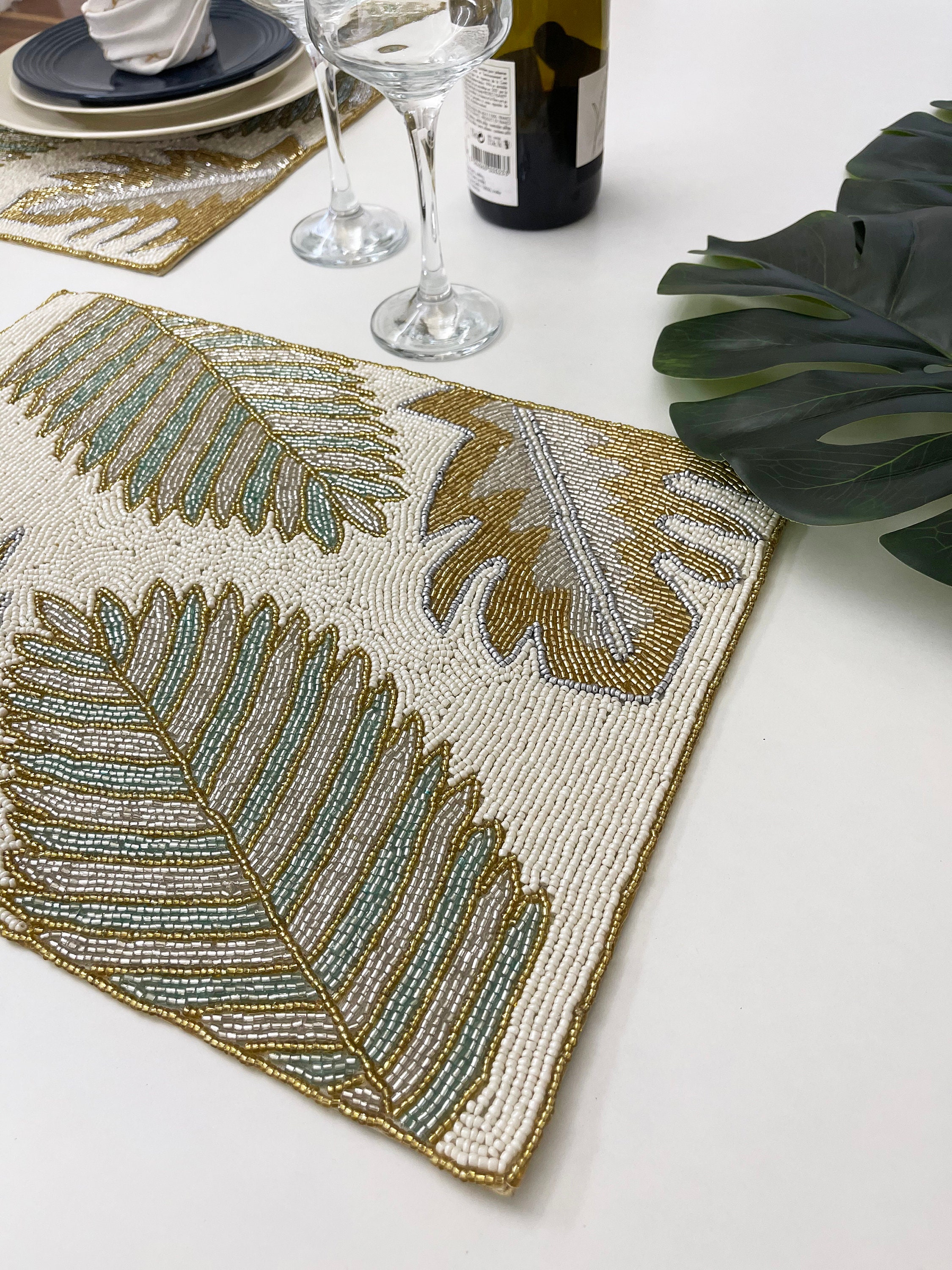 Handmade beaded placemat set of 2 beaded tablemat leaf Etsy