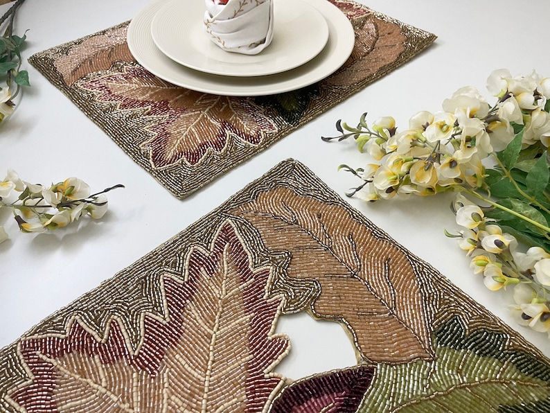 Set of 2 Handmade Beaded Placemat Maple Leaf Table Mat Bead Etsy