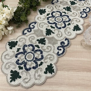 Handmade table runner, beaded table runner, floral on white base, 13x36inch