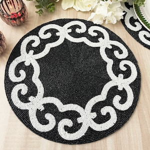 Handmade beaded placemat, beaded tablemat, 14 inch, black white bead charger placemats, gift for her 