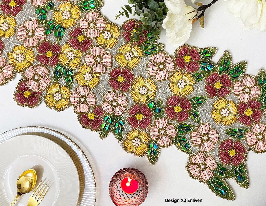 Handmade Beaded Spring Table Runner Colour Flowers Bed Etsy