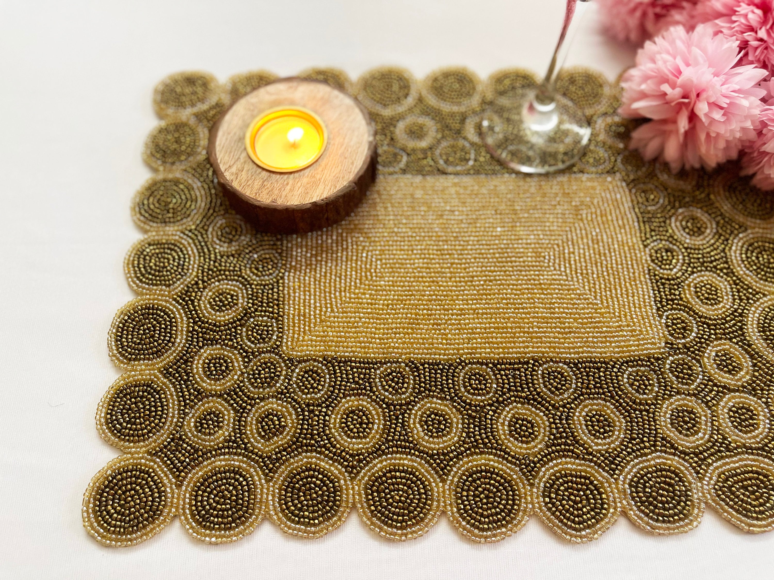 Handmade beaded placemat set of 2 beaded tablemat gold Etsy