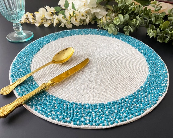 Set of 6, Handmade beaded placemat, living room table decoration, Pearl  beaded