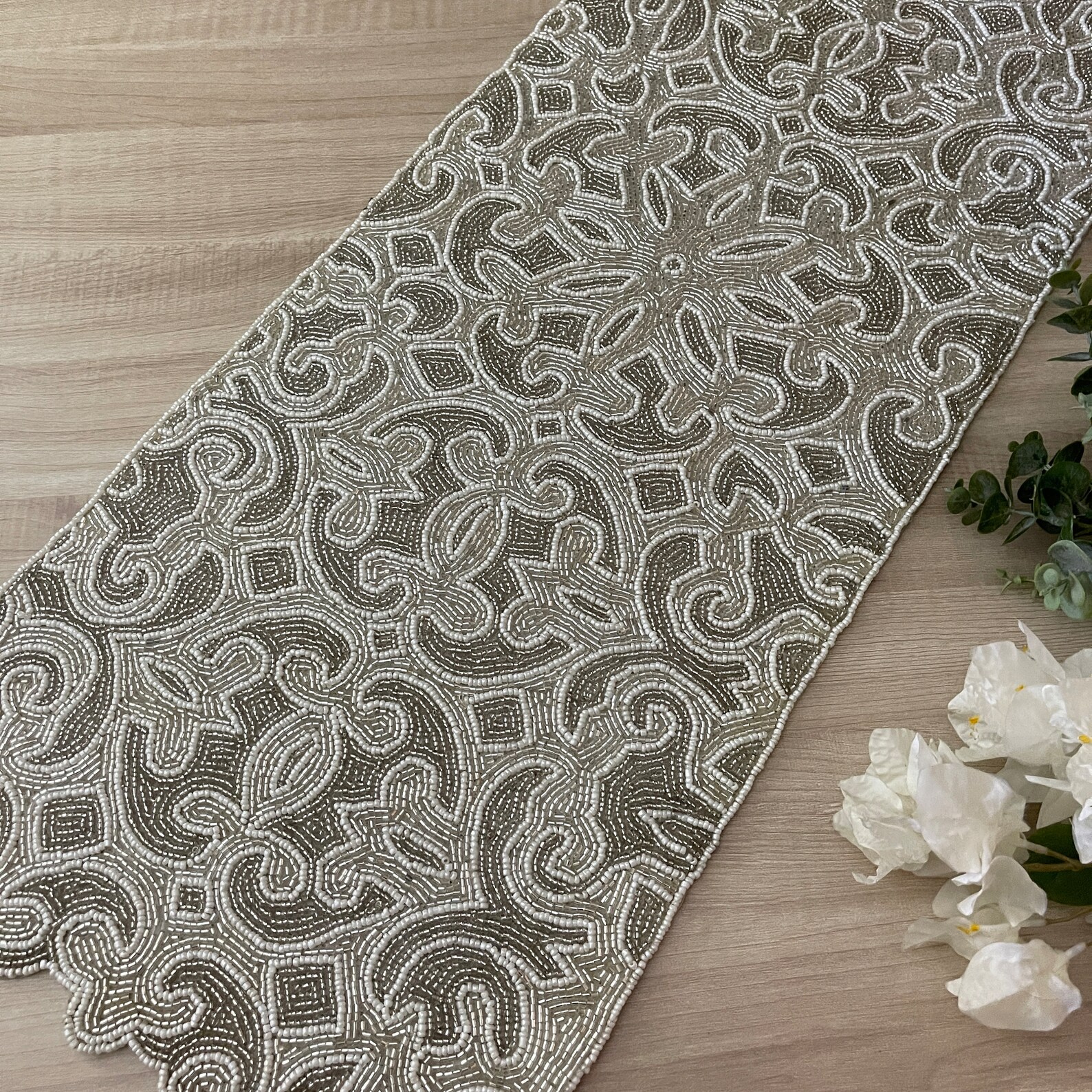 Handmade Bead Table Runner, Beaded Runner, Silver and White, 13x36inch ...