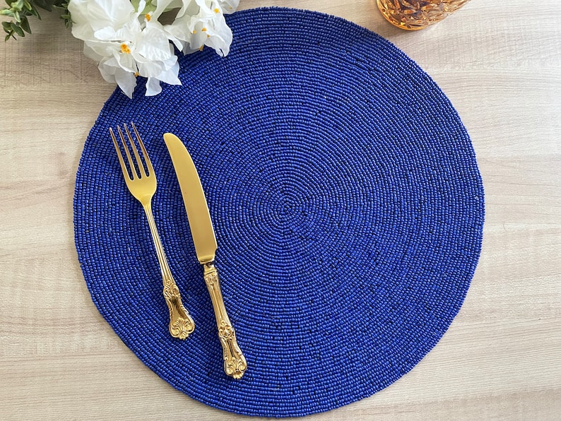 Set of 6 Handmade Beaded Placemat Beaded Table Mat Navy Etsy