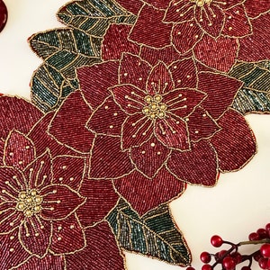 Christmas Handmade Table Runner, Floral Beaded Poinsettia Runner ...