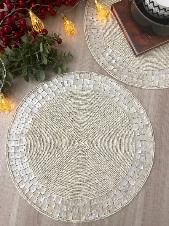 Set of 6, Handmade beaded placemat, living room table decoration, Pearl  beaded