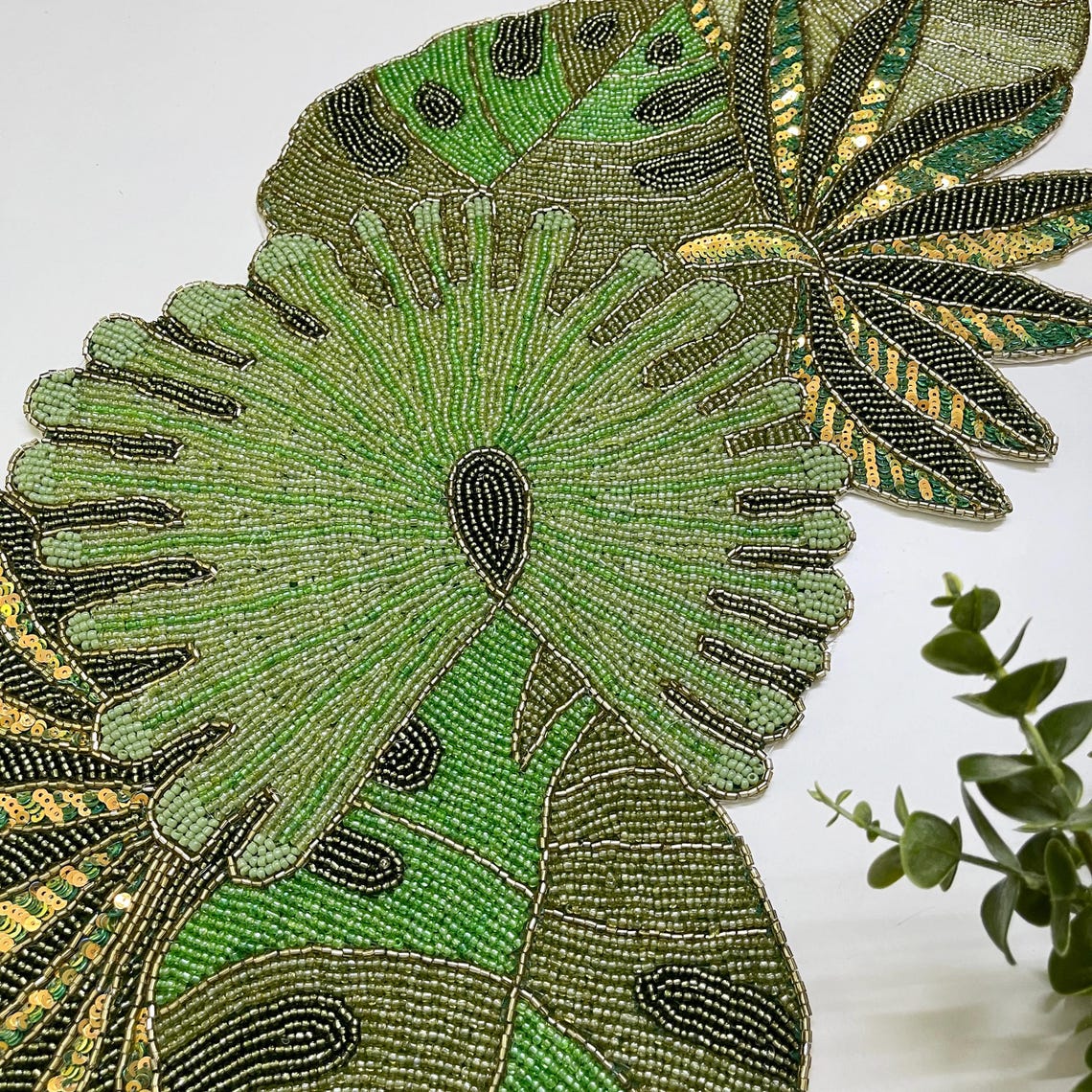 Handmade Beaded Leaf Table Runner: Multicolour Sequin Decor (13x36 Inch ...