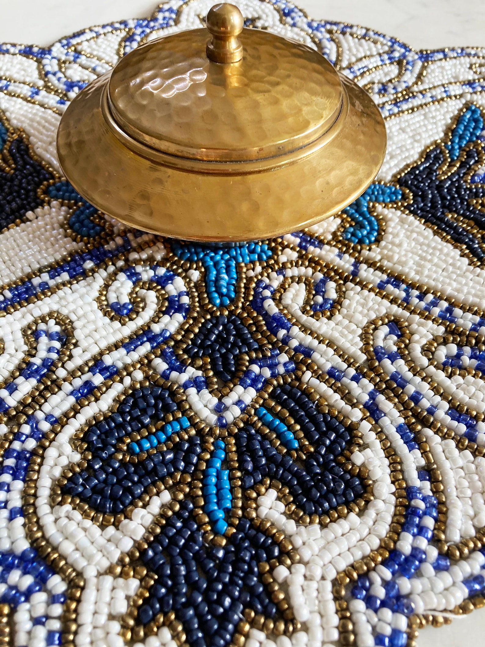 Handmade Beaded Placemat Beaded Tablemat 14 Inch Blue White Etsy