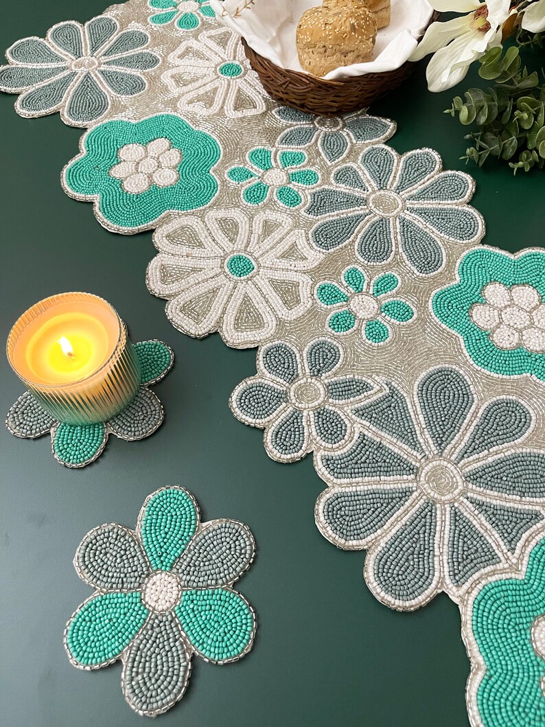 Handmade Bead Table Runner and Placemat Floral Beaded Runner | Etsy