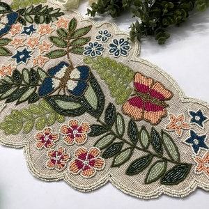 Handmade table runner, floral butterfly beaded runner on burlap, multicolor, 13x36inch