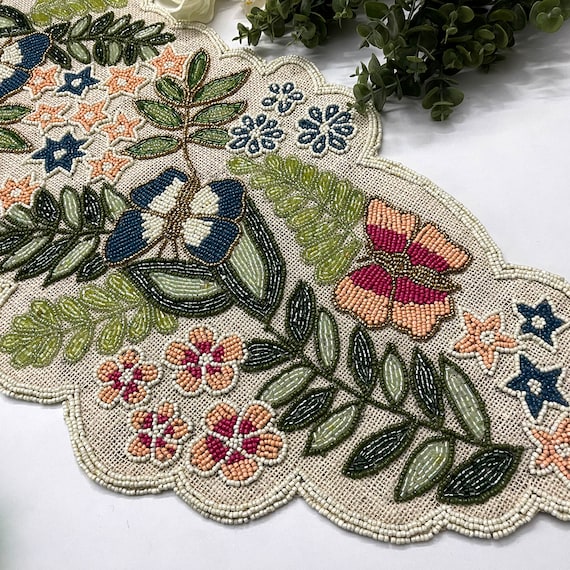 Handmade table runner, floral butterfly beaded runner on burlap, multicolor, 13x36inch