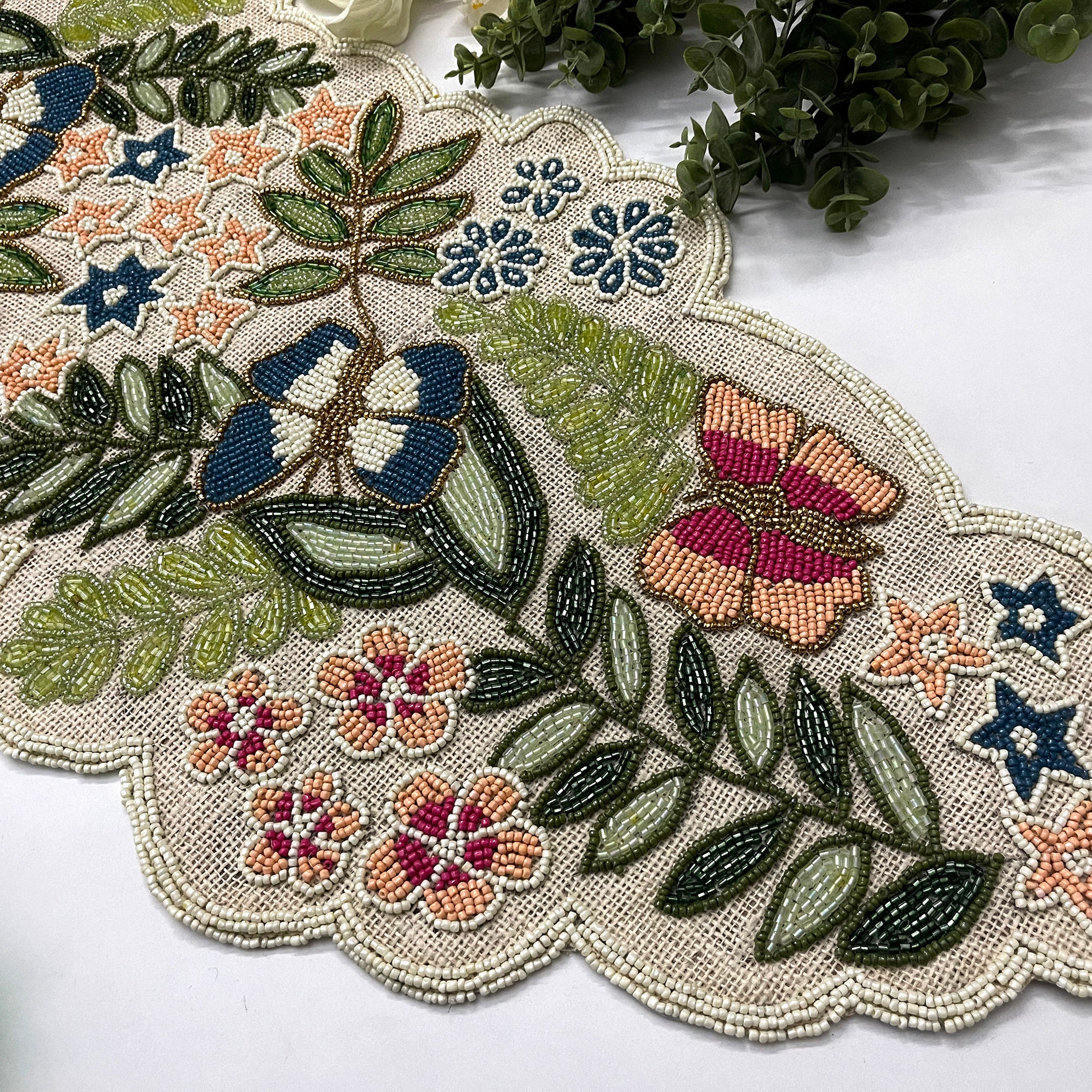 Handmade table runner, floral butterfly beaded runner on burlap, multicolor, 13x36inch
