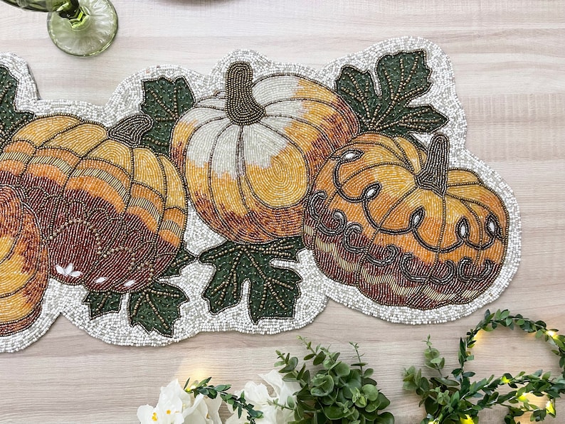 Handmade Bead Table Runner, Fall Runner, Pumpkin Halloween, 13x36 Inch ...