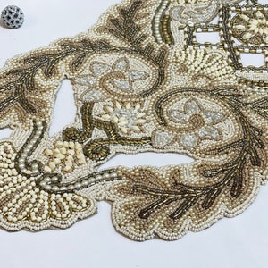 Handmade Table Runner, Beaded Table Runner, Gold & Cream Beads ...