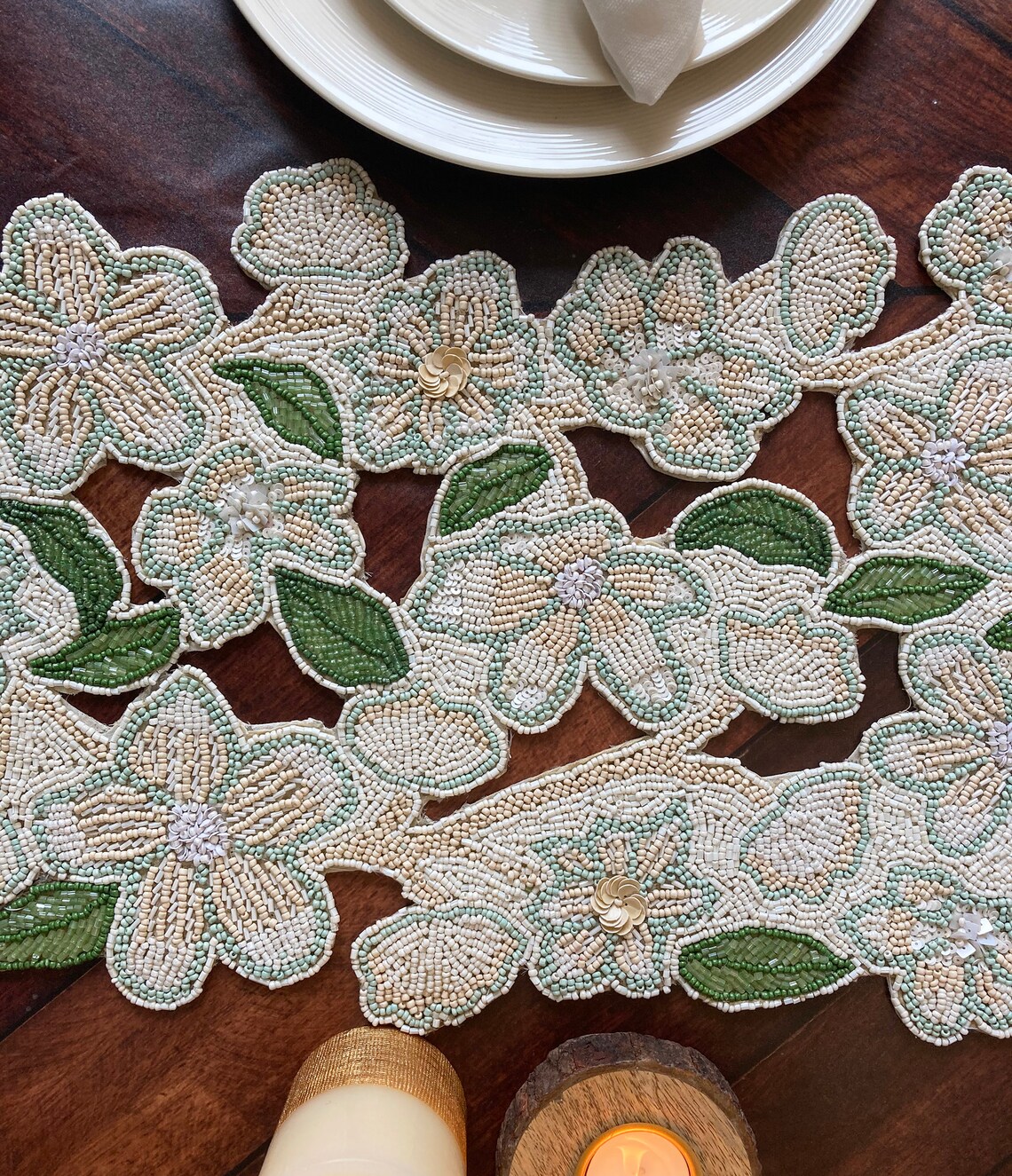 Handmade table runner beaded runner floral cutwork bead Etsy
