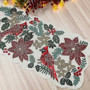 Weihnachtlicher Läufer, handgefertigte rote und grüne Blume mit Kardinal Perlen Tischläufer, 33 x 92 cm