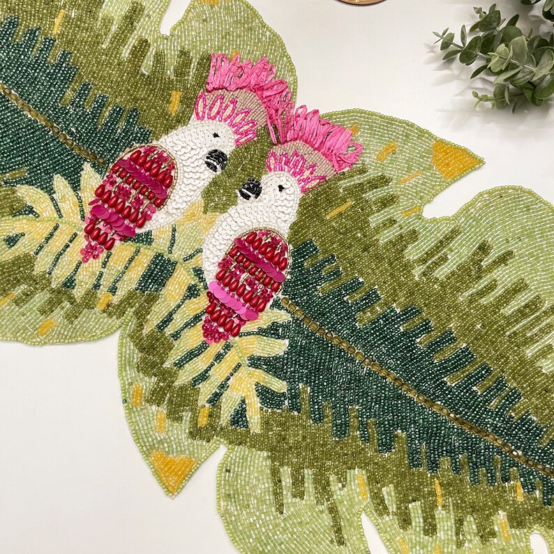 Handmade Beaded Table Runner: Leaf, Flower & Bird Design (13x36 Inch ...