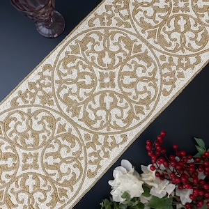 Handmade bead table runner, geometrical design, light cream and gold, 13x36 inch