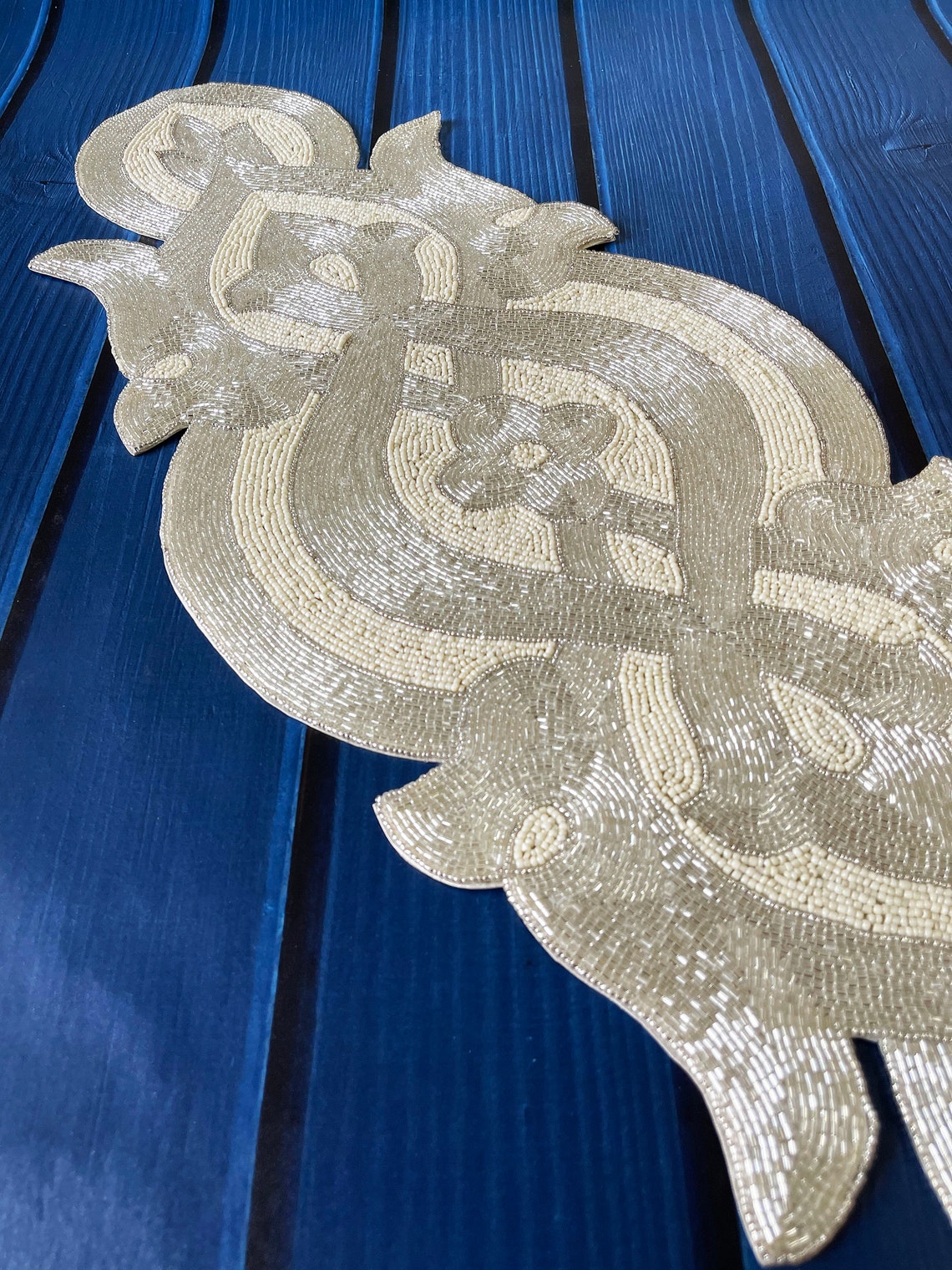 Handmade table runner beaded table runner silver white Etsy