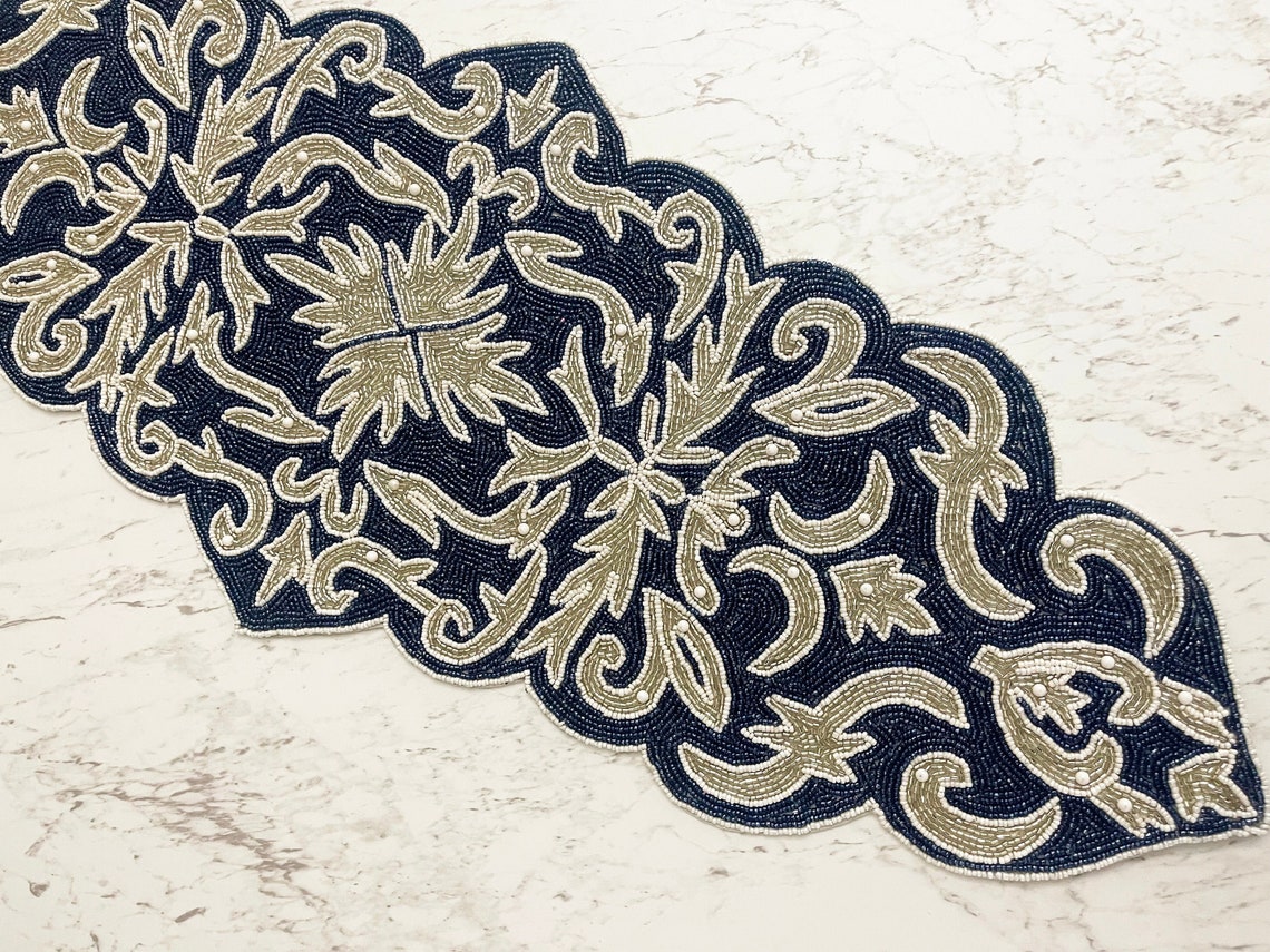 Handmade Bead Table Runner Floral Beaded Navy Blue Silver Etsy