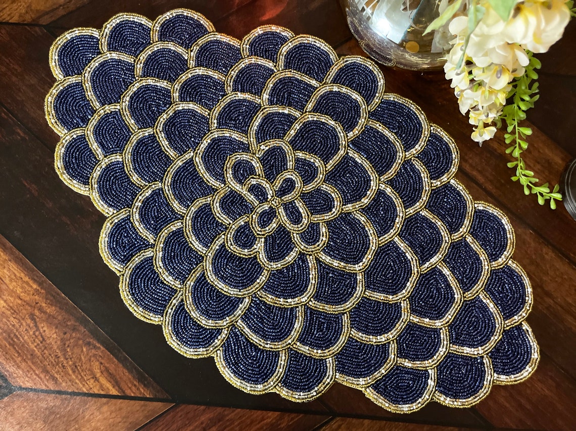 Handmade XL Placemat Beaded Table Runner Oval Navy Blue Etsy