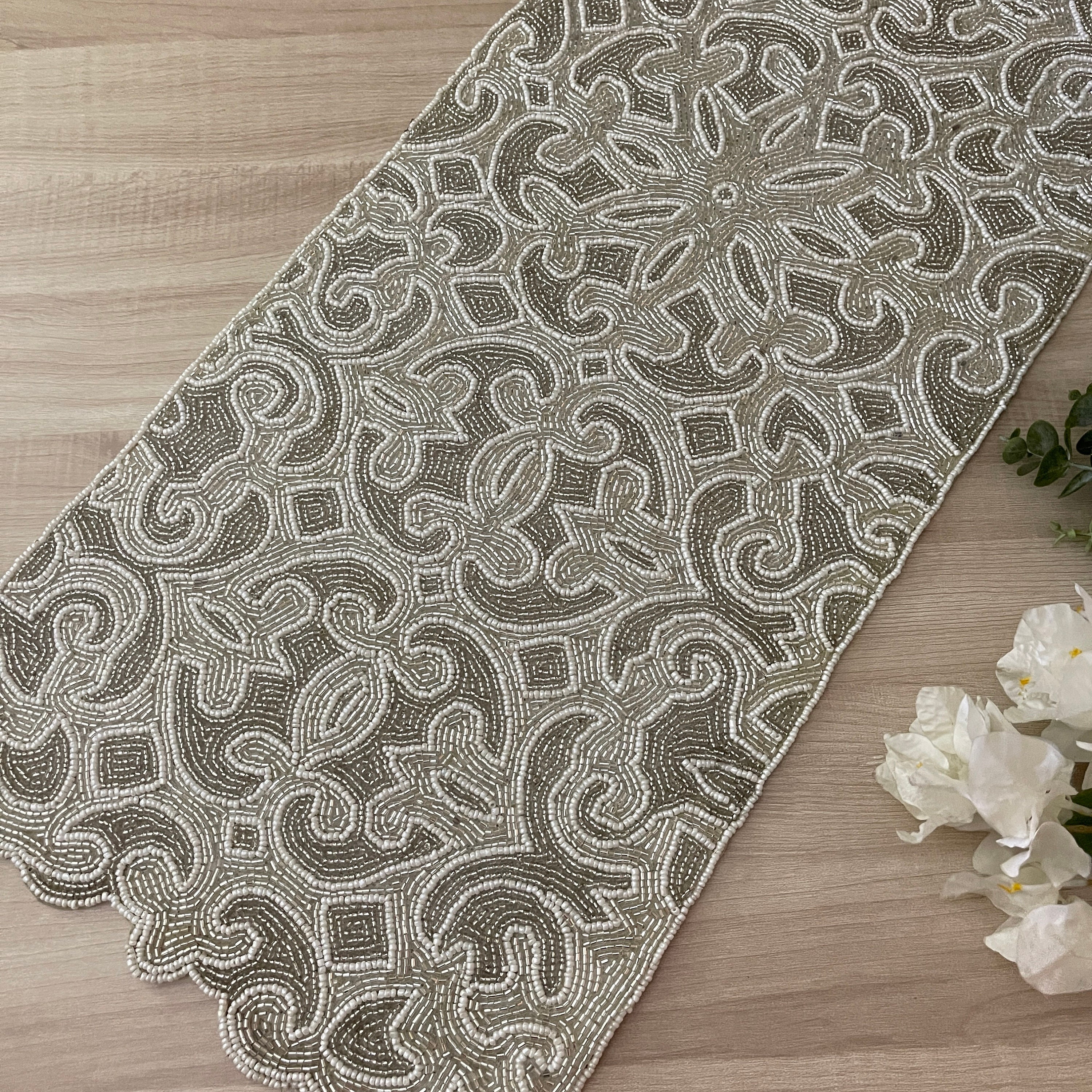 Handmade Bead Table Runner, Beaded Runner, Silver and White, 13x36inch ...