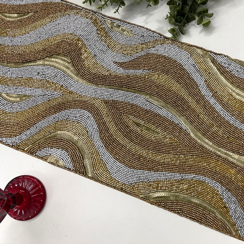 Handmade Bead Table Runner, Wavy Beaded Runner, Silver and Gold ...
