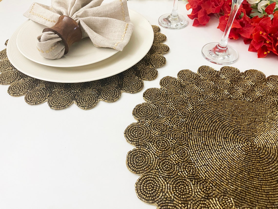Handmade Bead Placemat Charger Plate Dining Table Mat Gold Etsy
