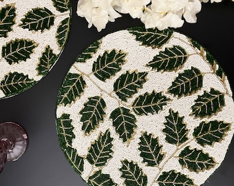 Handmade beaded placemat, leaf tablemat, 14 inch, green charger