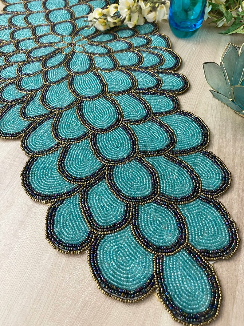 Handmade Bead Table Runner, Teal Peacock Floral Beaded Runner ...