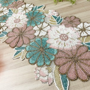Handmade Beaded Floral Table Runner: Spring Decor (13x36 inch)